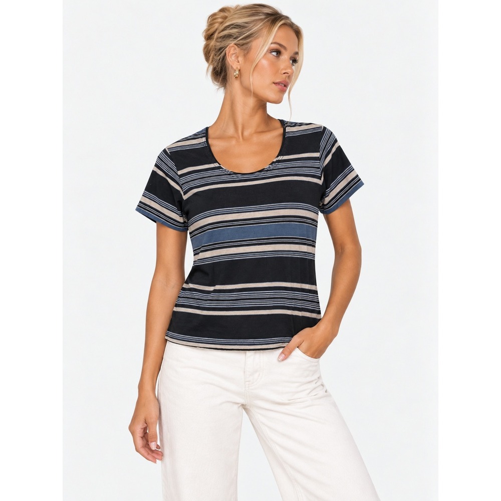 Emanuel Ungaro Liberte Striped V-Neck 100% Cotton T-Shirt Black L